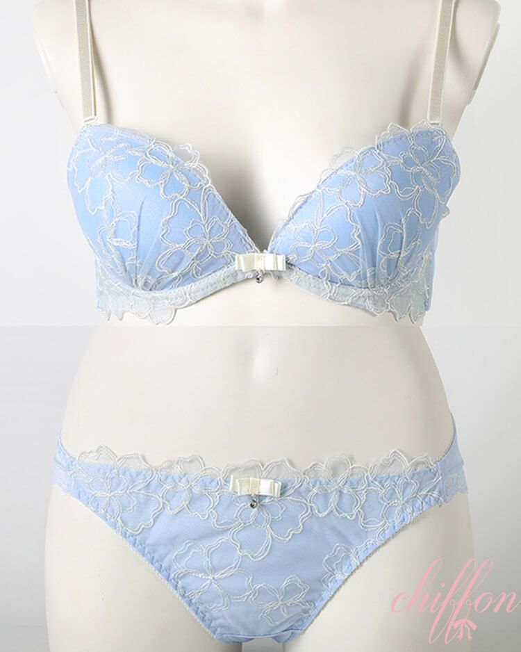 【下からぐっと寄せ】フェミニンパステルブラ＆フルバックショーツ ブルー
