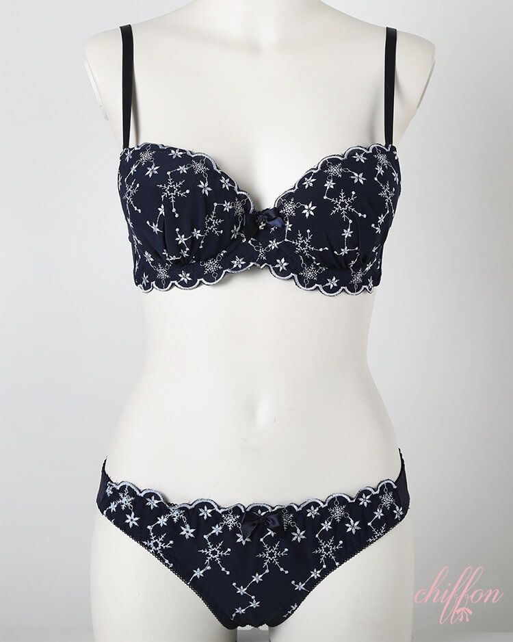 フェミニンスノーデザインブラ＆フルバックショーツ ネイビー