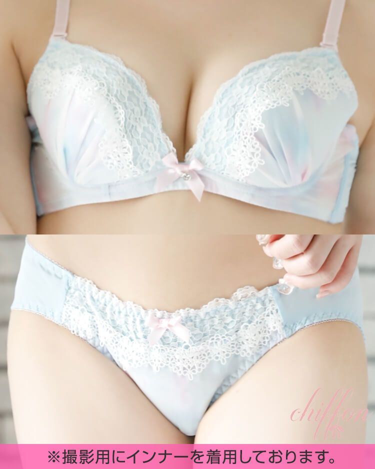 水彩シフォンレースブラ＆フルバックショーツ サックス
